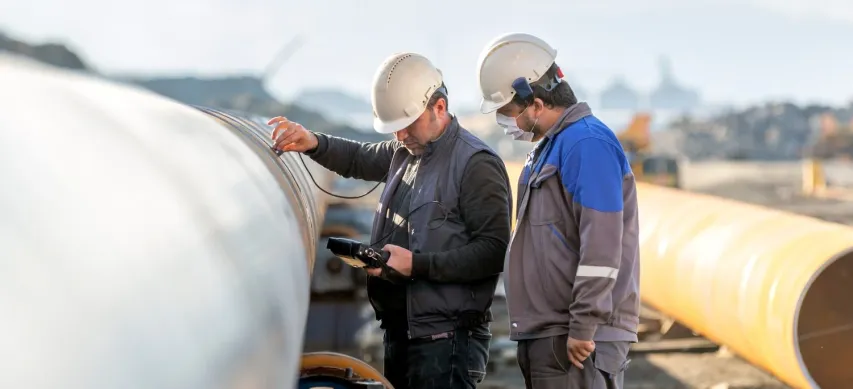Technician are testing to welds of pipe with ultrasonic test met