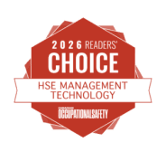 Badge reading '2026 Readers' Choice' for HSE Management Technology with a red geometric octagon and white border on black background, Canadian Occupational Safety logo partially visible.