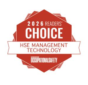 Badge reading '2026 Readers' Choice' for HSE Management Technology with a red geometric octagon and white border on black background, Canadian Occupational Safety logo partially visible.